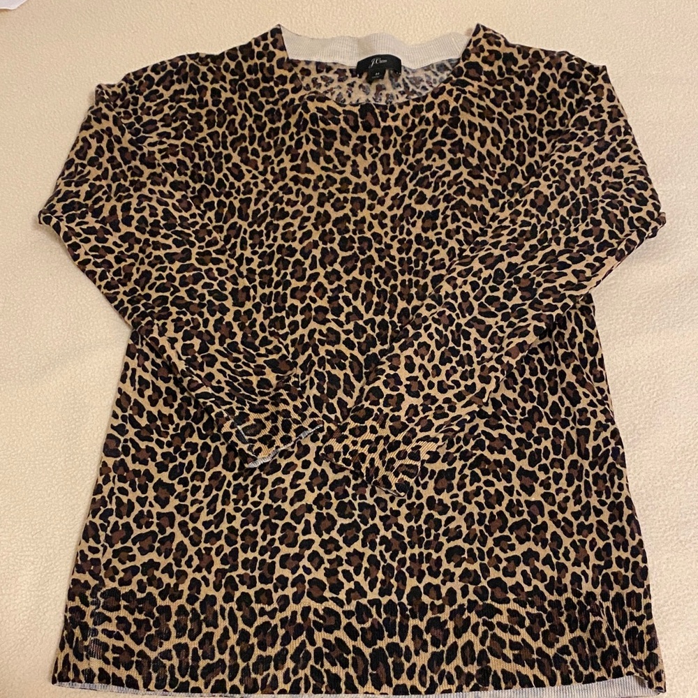 J.Crew 100% Merino Wool  Leopard Print  Knit Top 3/4 Sleeves Fall 2018